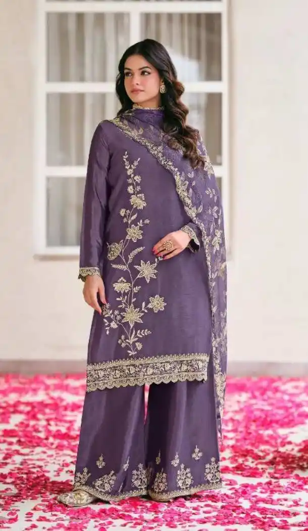 Purple Chinon Palazzo Suit with Heavy Embroidery Work - 15067220744