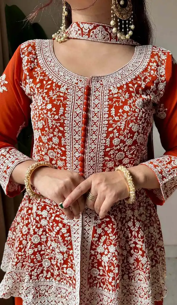 Orange Georgette Sequence Work Plus Size Palazzo Suit - 15077220762