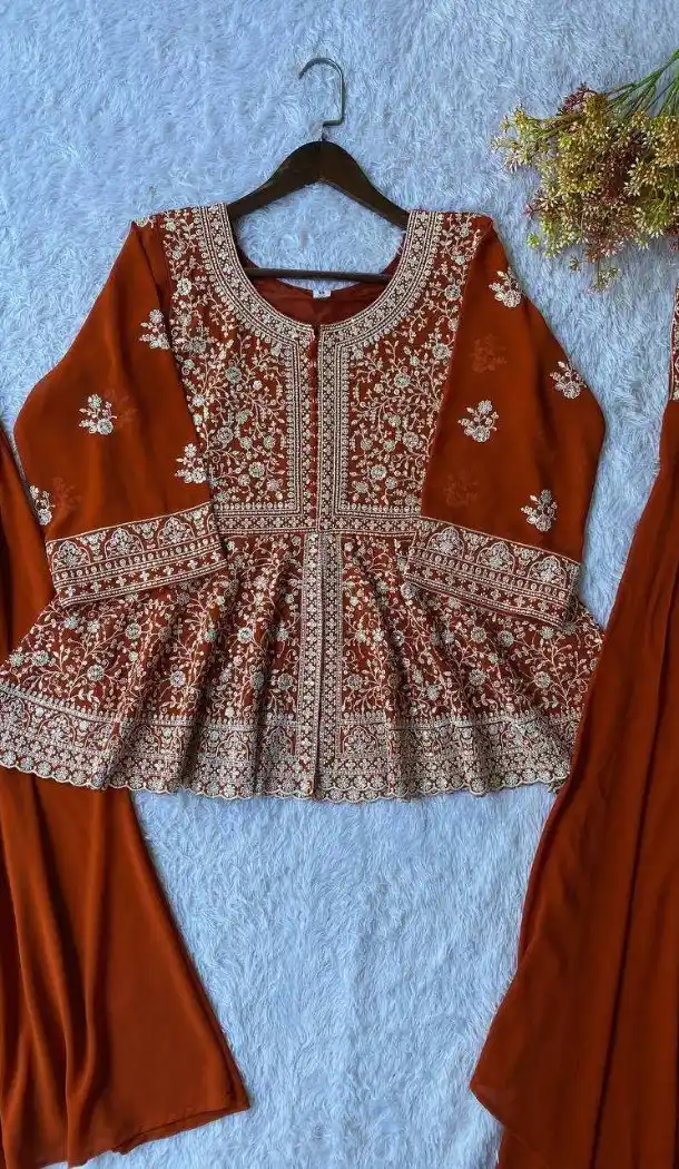 Orange Georgette Sequence Work Plus Size Palazzo Suit - 15077220762