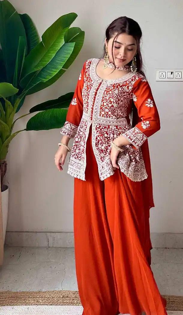 Orange Georgette Sequence Work Plus Size Palazzo Suit - 15077220762