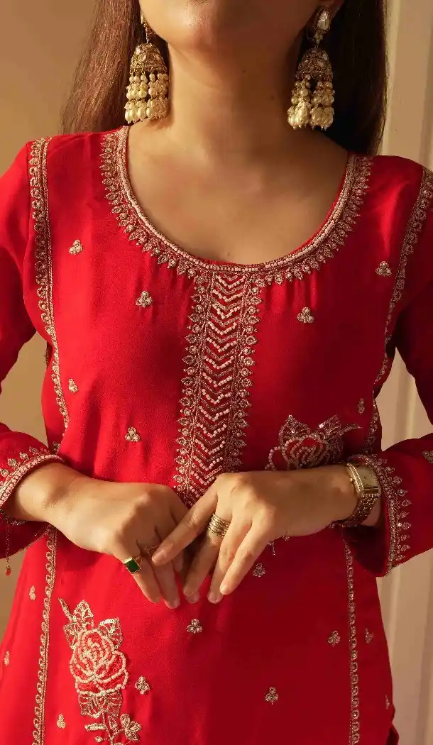 Red Faux Georgette Embroidered Palazzo Suit - 15077220763