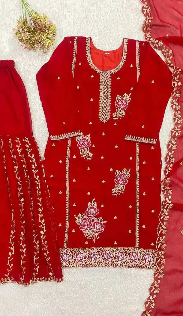 Red Faux Georgette Embroidery Plus Size Palazzo Suit - 15077220763