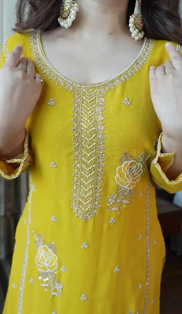 Yellow Faux Georgette Palazzo Suit with Sequence Work - 15077220764