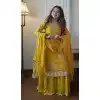 Yellow Faux Georgette Sequence Work Plus Size Palazzo Suit - 15077220764