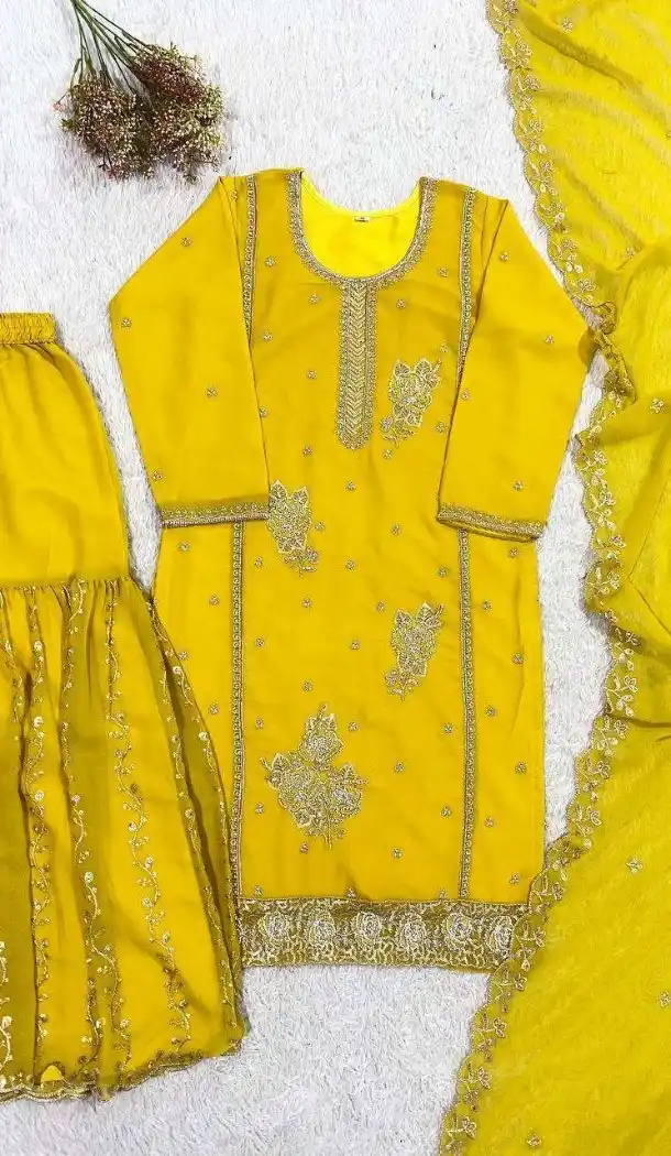 Yellow Faux Georgette Sequence Work Plus Size Palazzo Suit - 15077220764