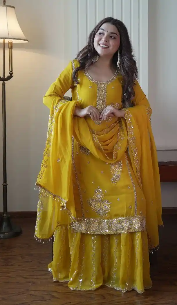 Yellow Faux Georgette Palazzo Suit with Sequence Work - 15077220764