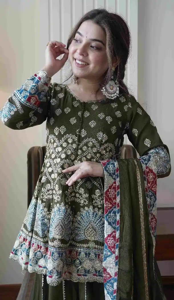 Mehendi Green Chinon Palazzo Suit with Embroidery Work - 15077220765