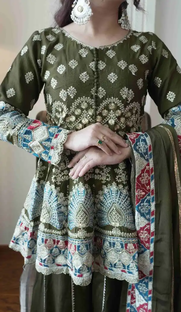 Mehendi Green Chinon Embroidery Plus Size Palazzo Suit - 15077220765