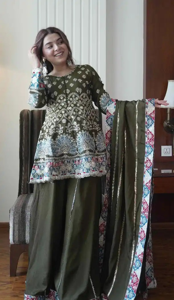 Mehendi Green Chinon Palazzo Suit with Embroidery Work - 15077220765
