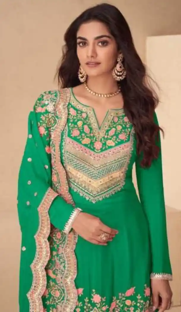 Green Real Chinon Palazzo Suit with Embroidery Work - 15081220776