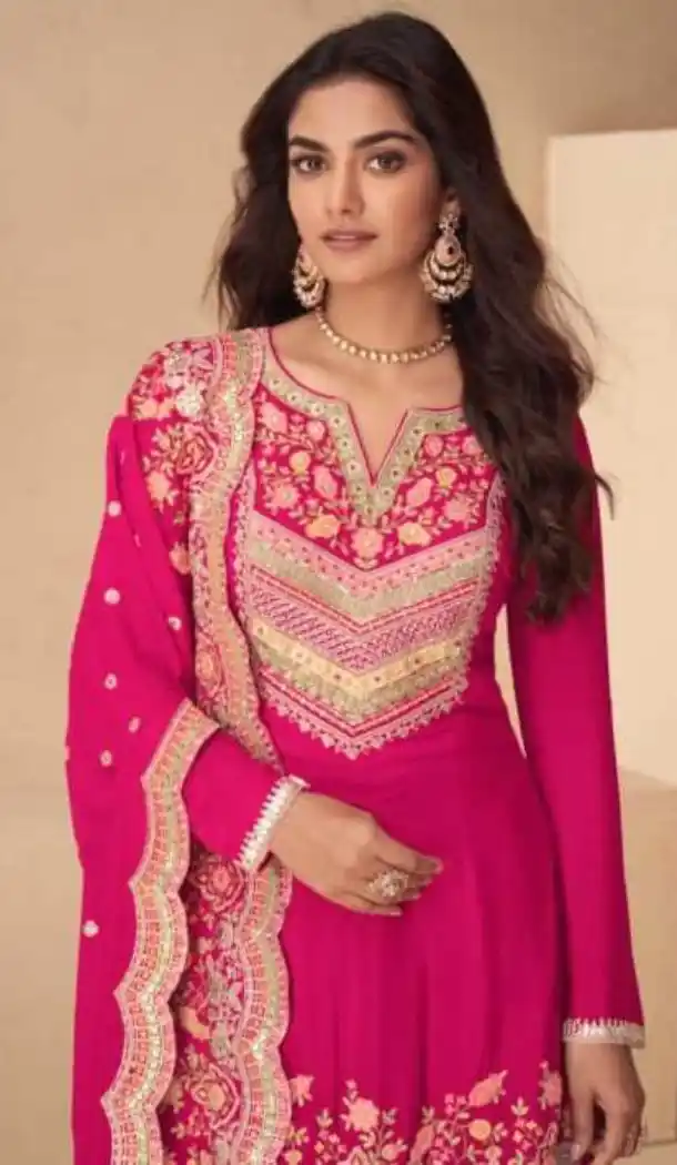 Pink Real Chinon Palazzo Suit with Embroidery Work - 15081220778