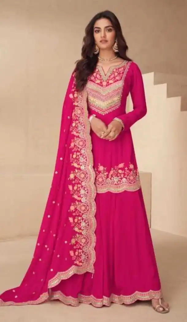 Pink Real Chinon Palazzo Suit with Embroidery Work - 15081220778