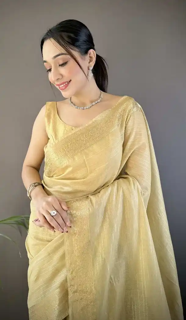 Brown Traditional Soft Cotton Saree with Zari Checks - 15094220818