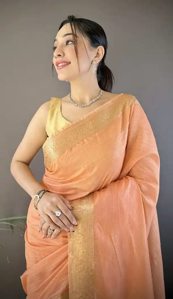 Orange Soft Cotton Zari Checks Traditional Saree - 15094220819