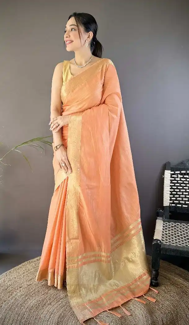 Orange Soft Cotton Zari Checks Traditional Saree - 15094220819