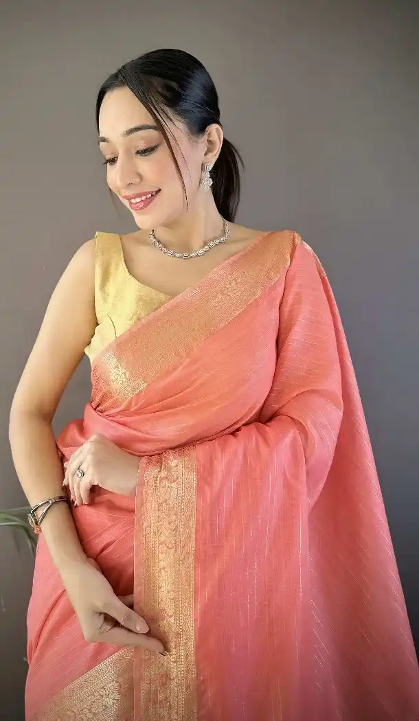 Peach Zari Checks Weave Soft Cotton Saree - 15094220820