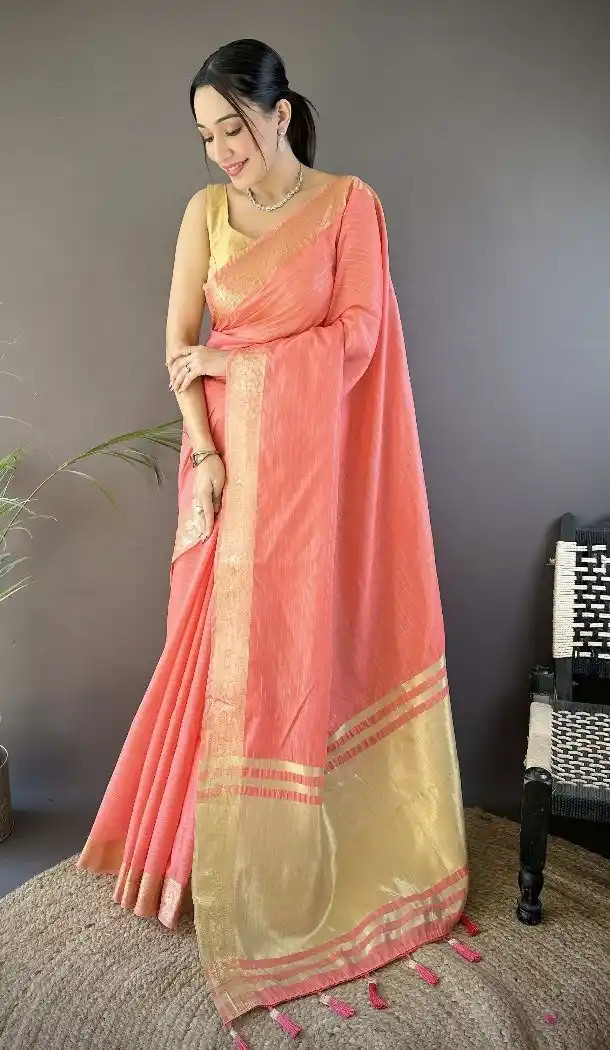 Peach Zari Checks Weave Soft Cotton Saree - 15094220820