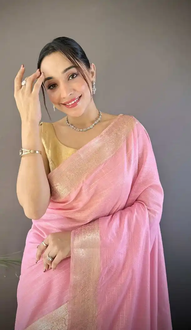 Pink Traditional Saree in Soft Cotton with Zari Checks - 15094220821