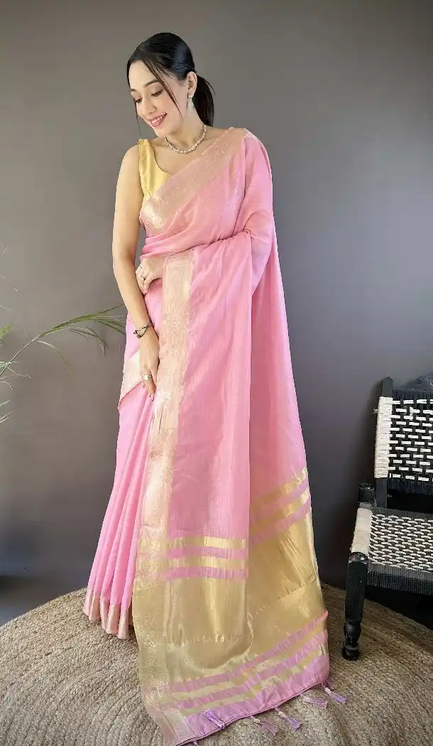 Pink Traditional Saree in Soft Cotton with Zari Checks - 15094220821