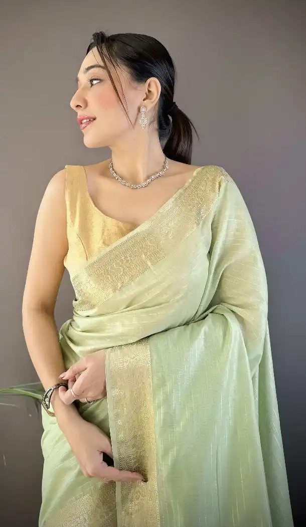 Pista Green Zari Checks Soft Cotton Traditional Saree - 15094220822