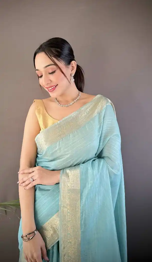 Sky Blue Soft Cotton Saree with Traditional Zari Checks - 15094220823