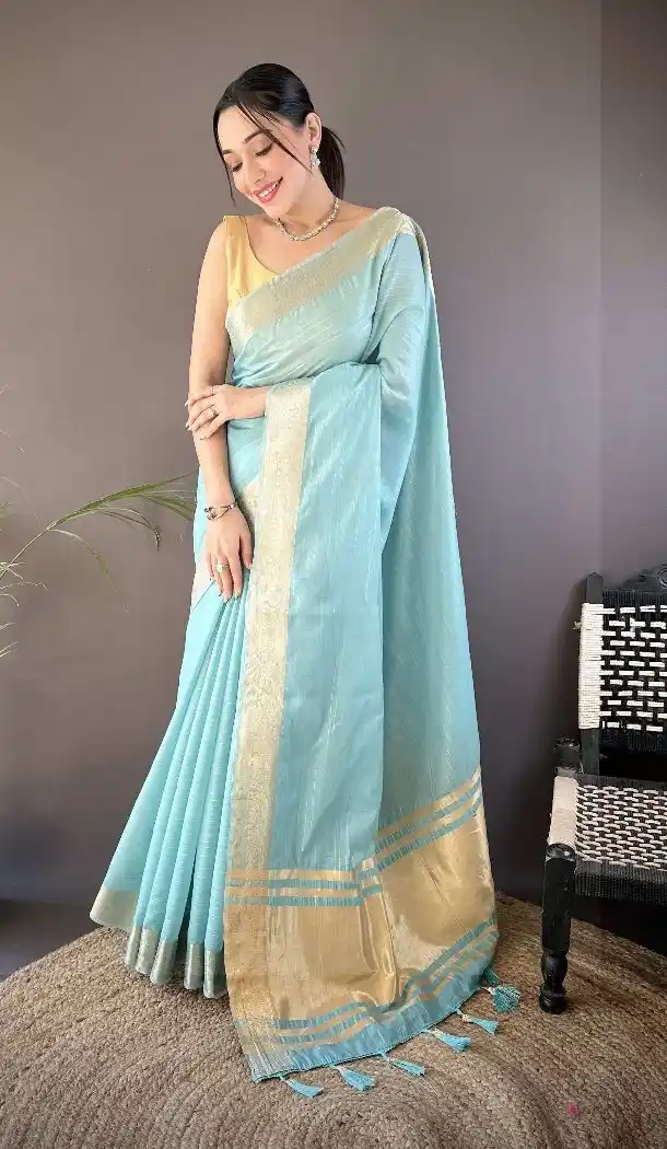 Sky Blue Soft Cotton Saree with Traditional Zari Checks - 15094220823