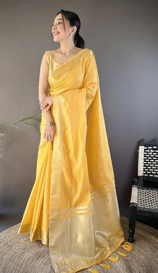 Yellow Zari Checks Traditional Soft Cotton Saree - 15094220824