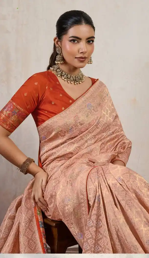 Peach Hand Dyed Chiffon Saree with Tusser Pashmina - 15103220850