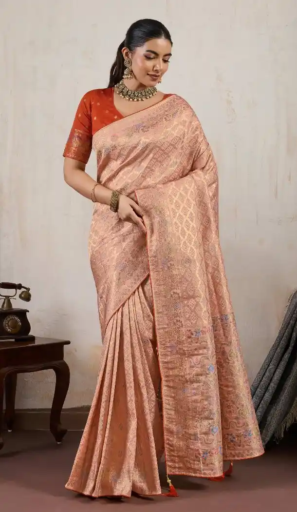 Peach Hand Dyed Chiffon Saree with Tusser Pashmina - 15103220850