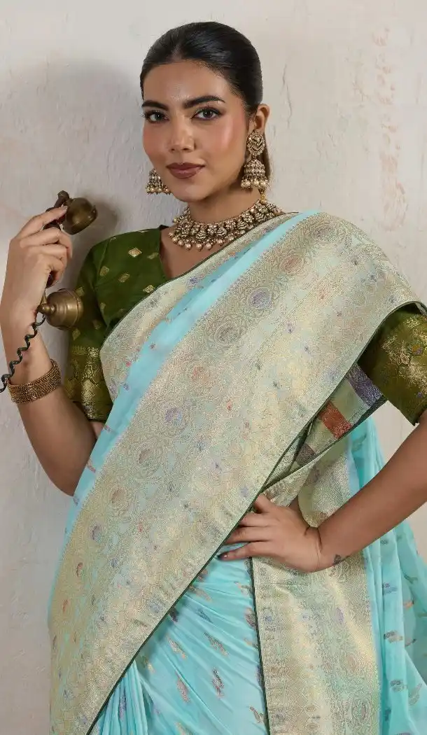 Sky Blue Hand Dyed Chiffon Designer Saree with Jacquard Work - 15103220851