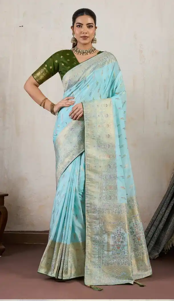 Sky Blue Hand Dyed Chiffon Designer Saree with Jacquard Work - 15103220851
