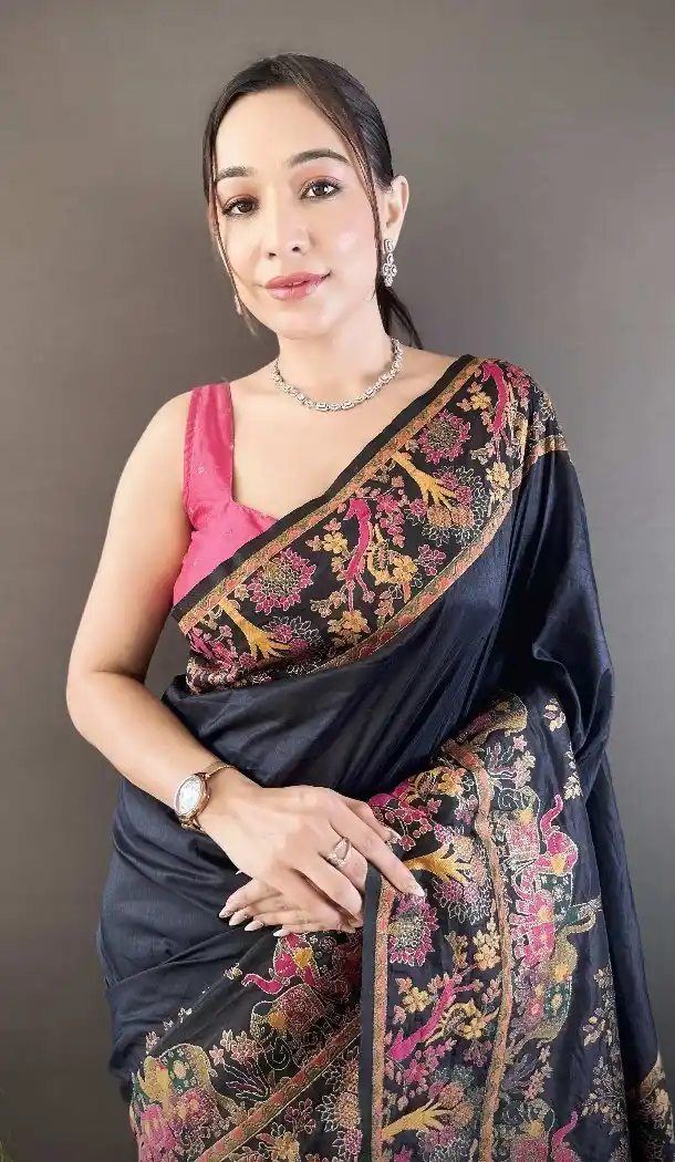Black Pashmina Silk Traditional Saree with Zari Work - 15106220861