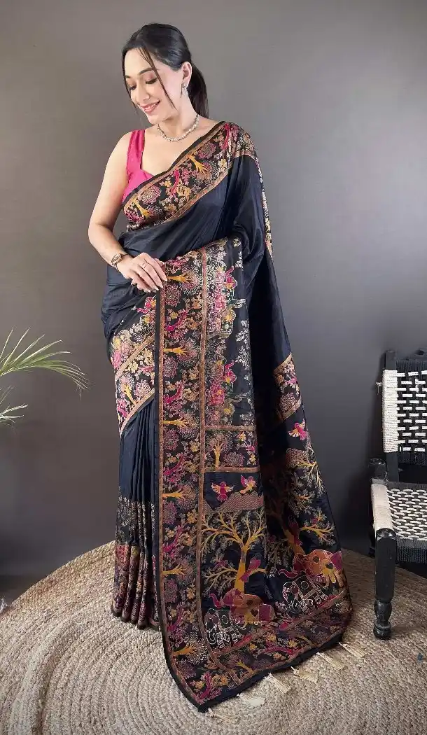 Black Pashmina Silk Traditional Saree with Zari Work - 15106220861