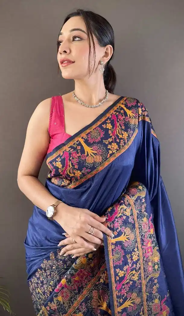 Navy Blue Pashmina Silk Saree with Elegant Zari Weave - 15106220862