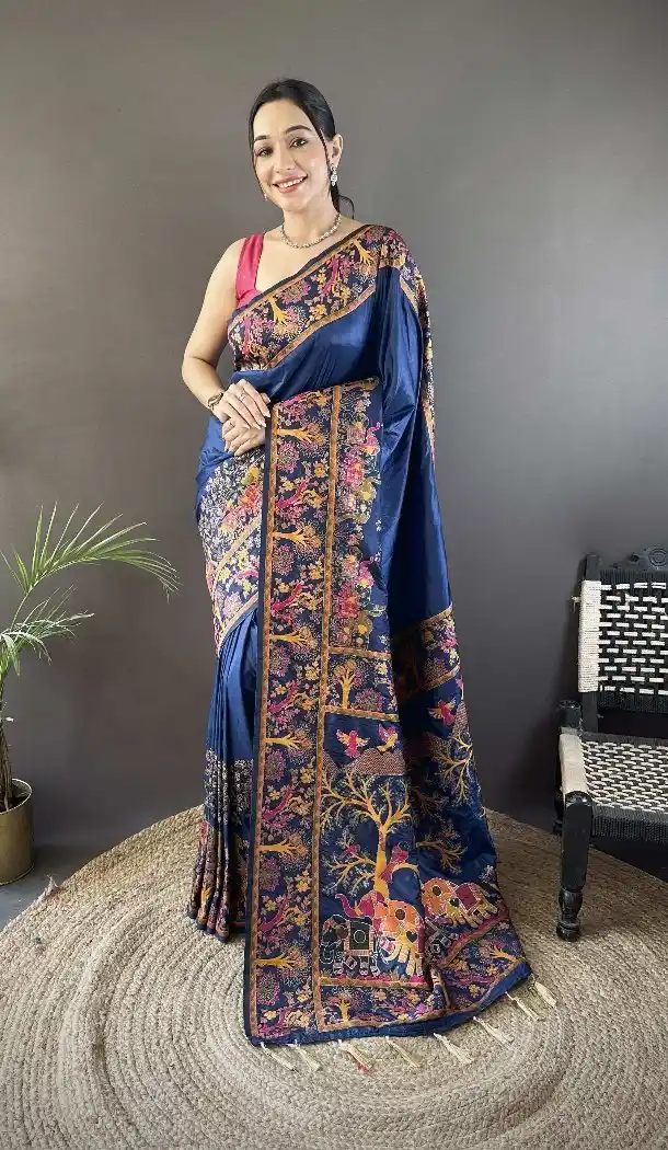 Navy Blue Pashmina Silk Saree with Elegant Zari Weave - 15106220862