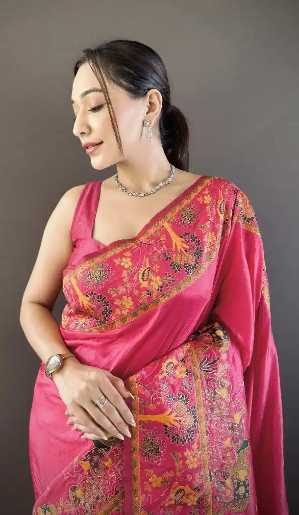 Pink Traditional Pashmina Silk Saree with Zari Work - 15106220863