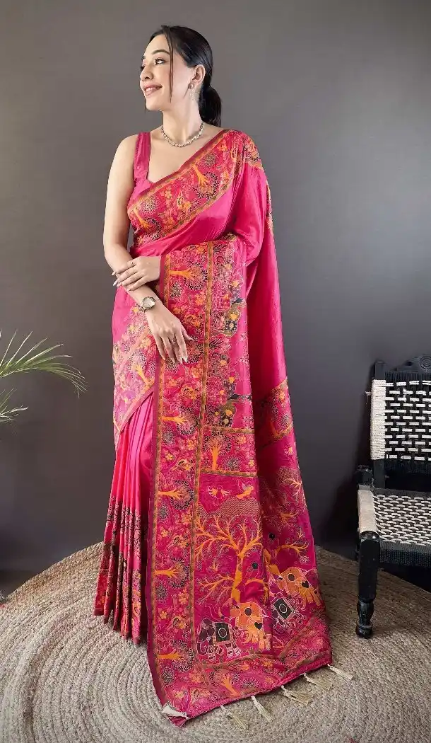 Pink Traditional Pashmina Silk Saree with Zari Work - 15106220863
