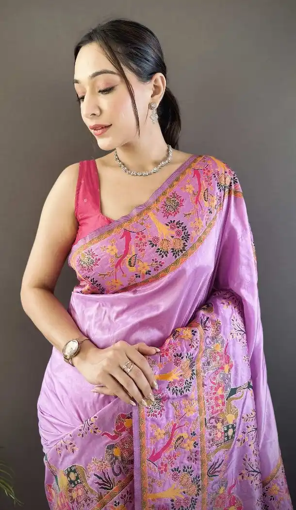 Purple Pashmina Silk Saree with Beautiful Zari Weaving - 15106220864