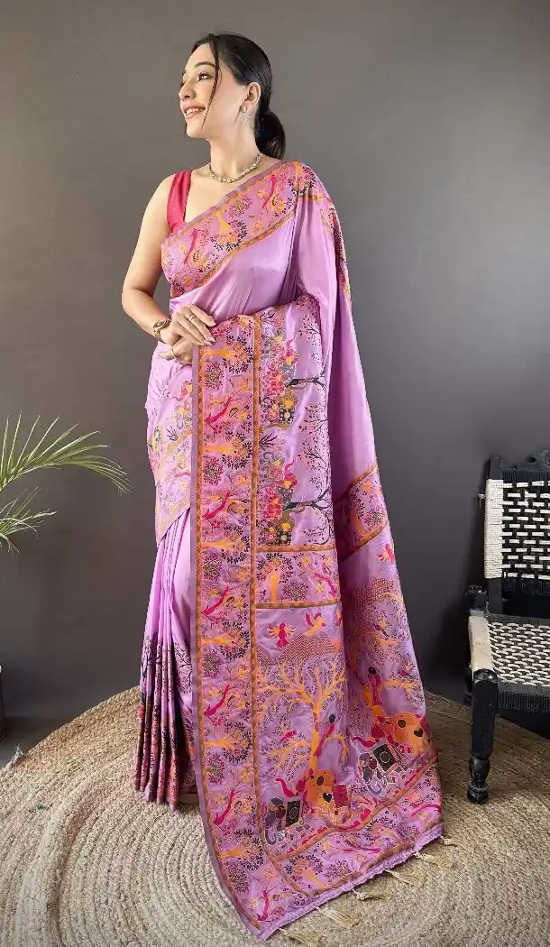 Purple Pashmina Silk Saree with Beautiful Zari Weaving - 15106220864