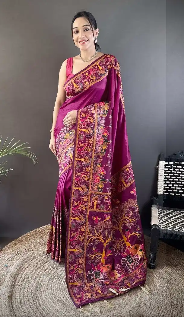 Wine Traditional Saree in Pashmina Silk with Zari Work - 15106220865