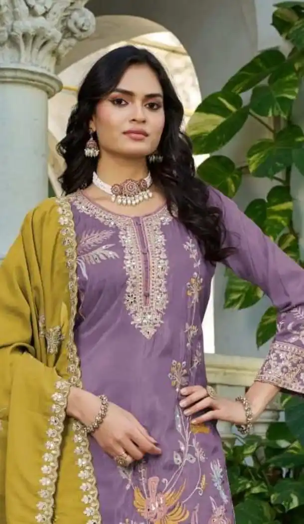 Lavender Shimmer Palazzo Suit with Zari Thread Work - 15126220959