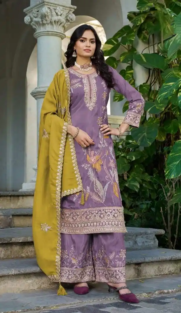 Lavender Shimmer Palazzo Suit with Zari Thread Work - 15126220959