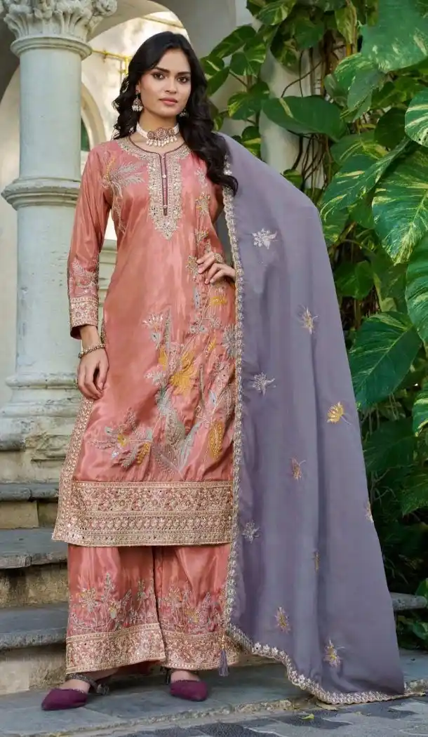 Orange Shimmer Palazzo Suit with Embroidery Work - 15126220961