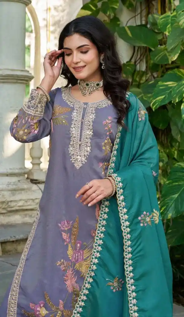 Purple Shimmer Palazzo Suit with Zari Work Plus Size - 15126220962