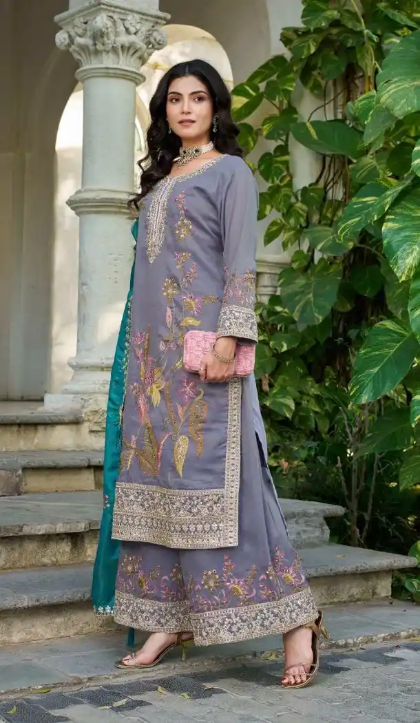 Purple Zari Thread Work Shimmer Palazzo Suit - 15126220962