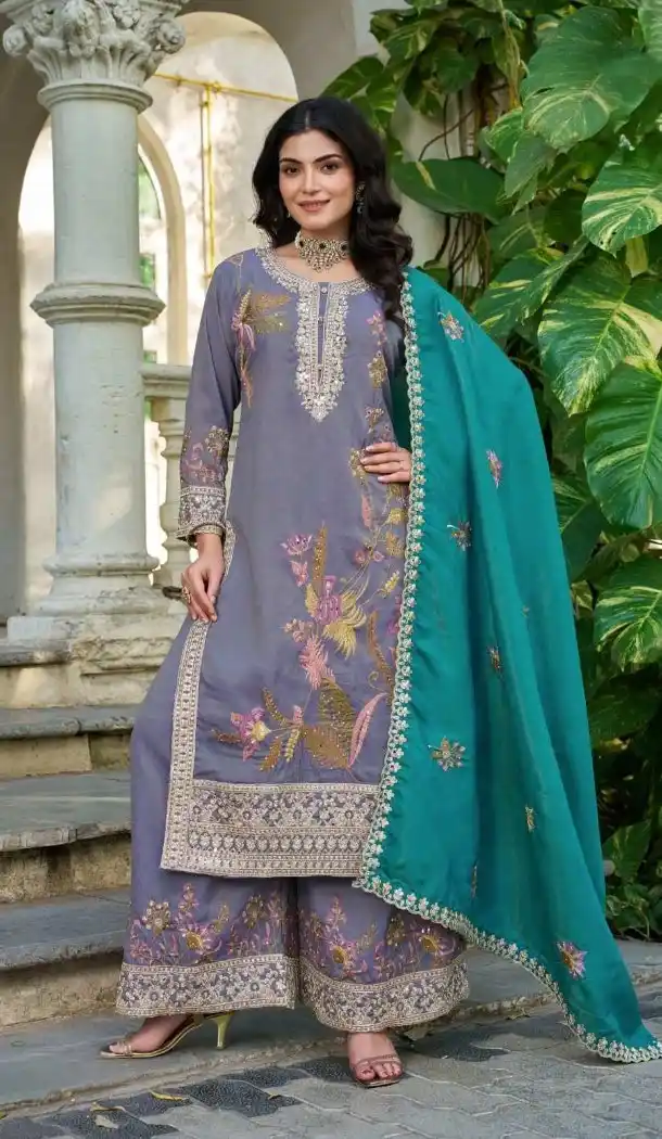 Purple Zari Thread Work Shimmer Palazzo Suit - 15126220962