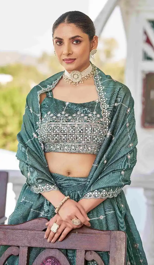 Teal Blue Silk Thread & Sequin Work Designer Lehenga Choli - 15132220979