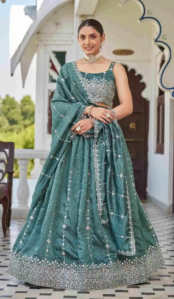 Teal Blue Silk Thread & Sequin Work Designer Lehenga Choli - 15132220979