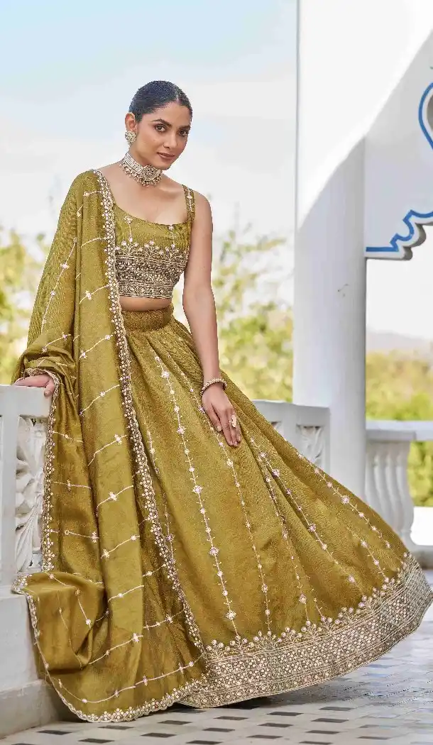 Mustard Thread Work Silk Designer Lehenga Choli - 15132220982