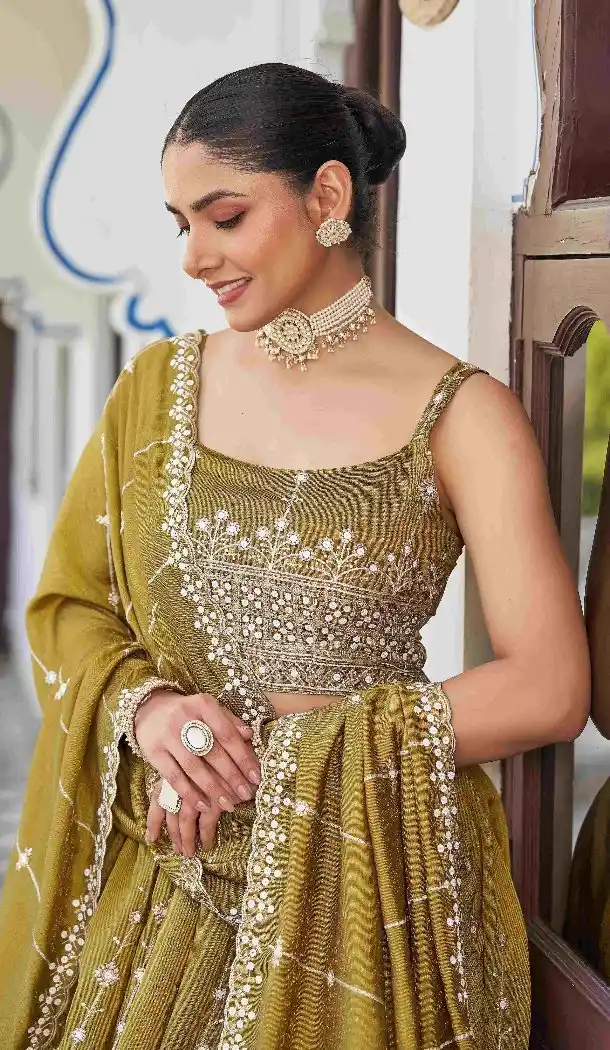 Mustard Thread Work Plus Size Silk Designer Lehenga Choli - 15132220982